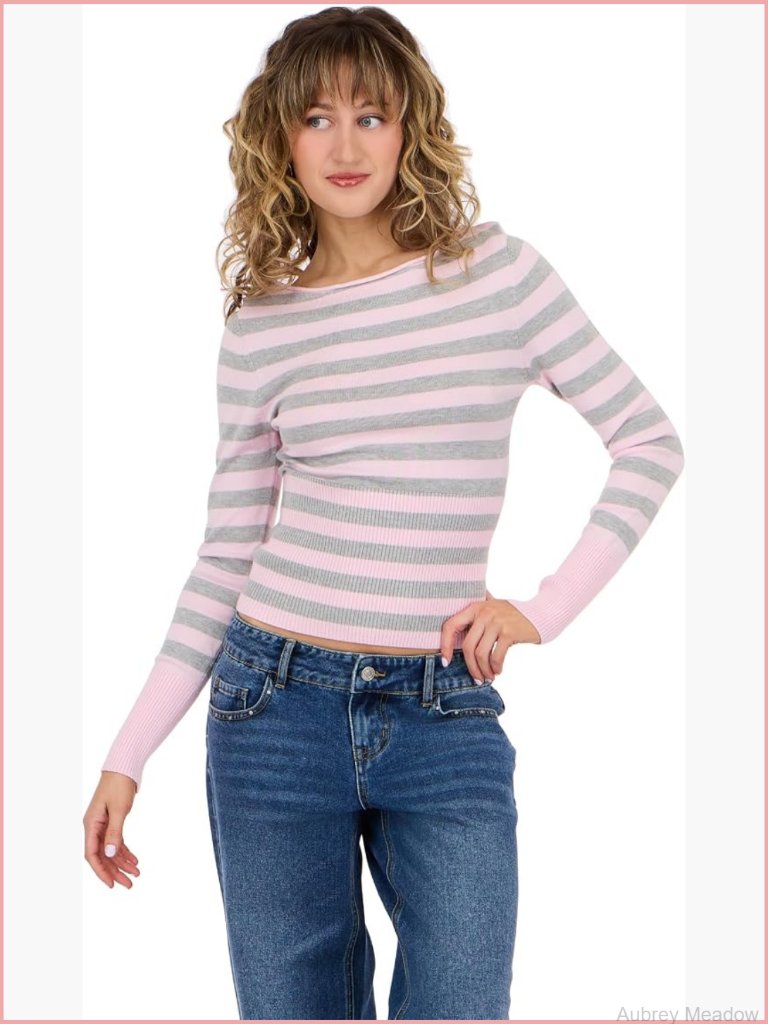 Boatneck Sweater With High Rib Start - Pink Striped Pullover
